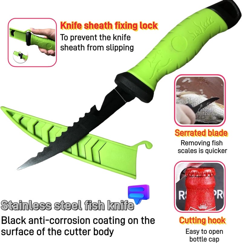 HOWORR 2PCS Fillet Knife Set, 5 & 7 inch Stainless Steel Kitchen Filet Knife for Fish, Fishing Gear, Fishing Tool Set, Fishing Accessories Gift, with Sharpener and Cutting Resistant Gloves, Green - Image 3